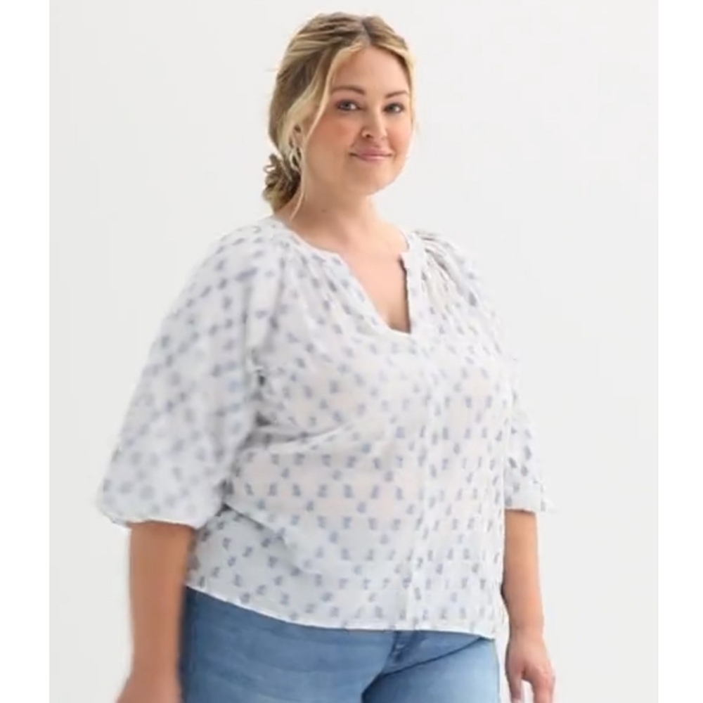 Sonoma Shirred Balloom Sleeve Henley Top White & Blue Size XXL